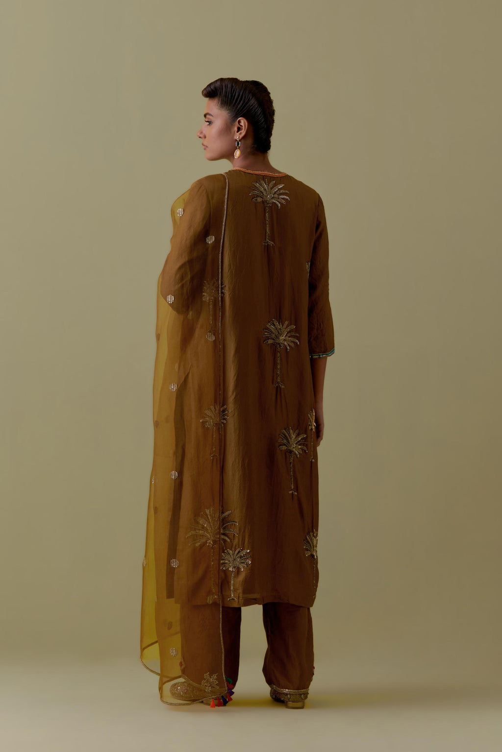 Olive Silk Organza Dupatta with Gold bead and sequins Handwork