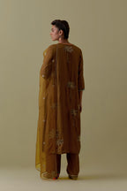 Olive silk straight Kurta set with Hand-Worked Palm Motifs.