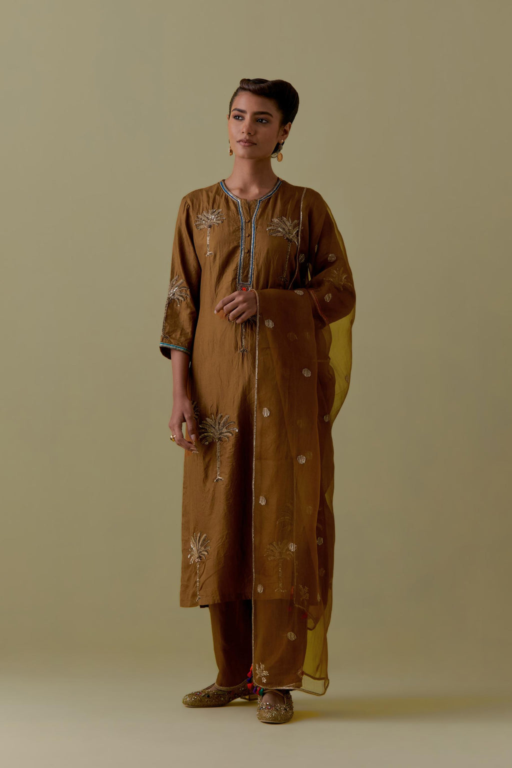 Olive silk straight Kurta set with Hand-Worked Palm Motifs.