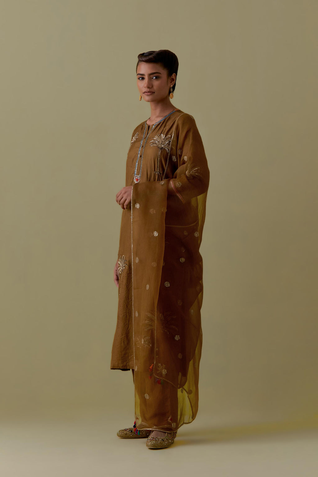 Olive silk straight Kurta set with Hand-Worked Palm Motifs.