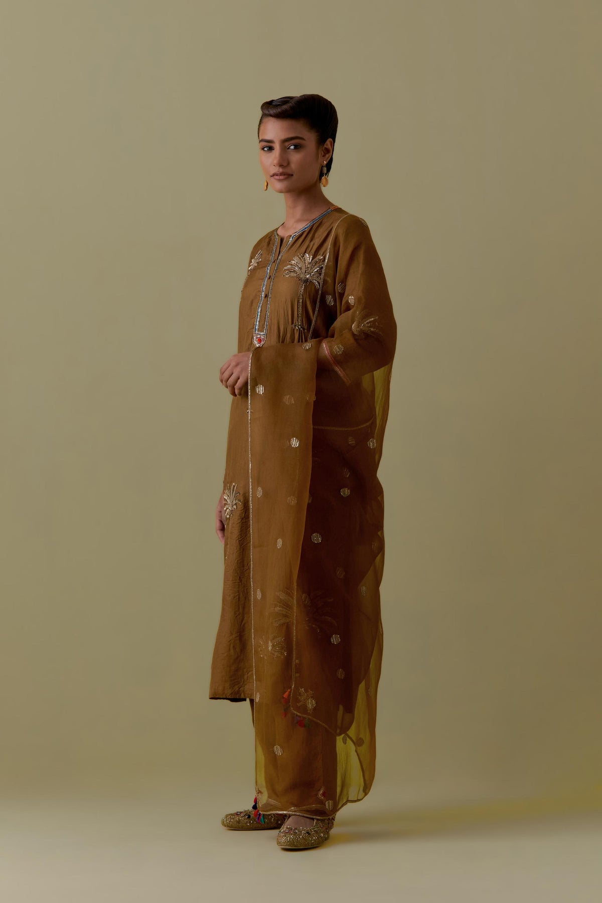 Olive silk straight Kurta set with Hand-Worked Palm Motifs.