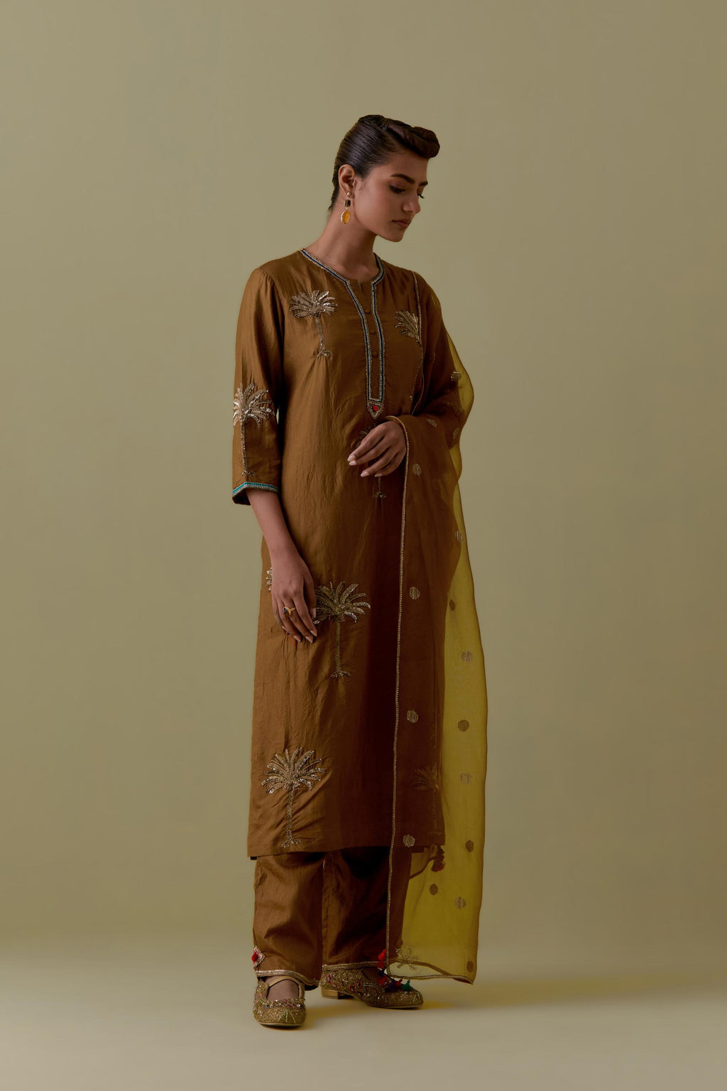 Olive silk straight Kurta set with Hand-Worked Palm Motifs.