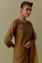 Olive silk straight Kurta set with Hand-Worked Palm Motifs.