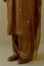 Olive silk straight Kurta set with Hand-Worked Palm Motifs.