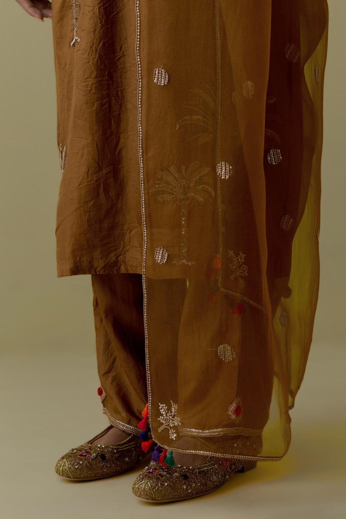Olive silk straight Kurta set with Hand-Worked Palm Motifs.