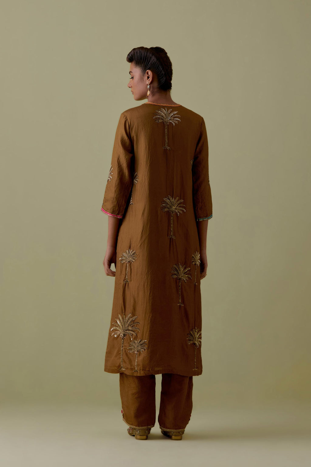 Olive silk straight Kurta set with Hand-Worked Palm Motifs.