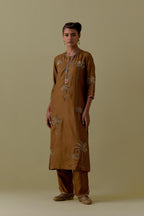 Olive silk straight Kurta set with Hand-Worked Palm Motifs.