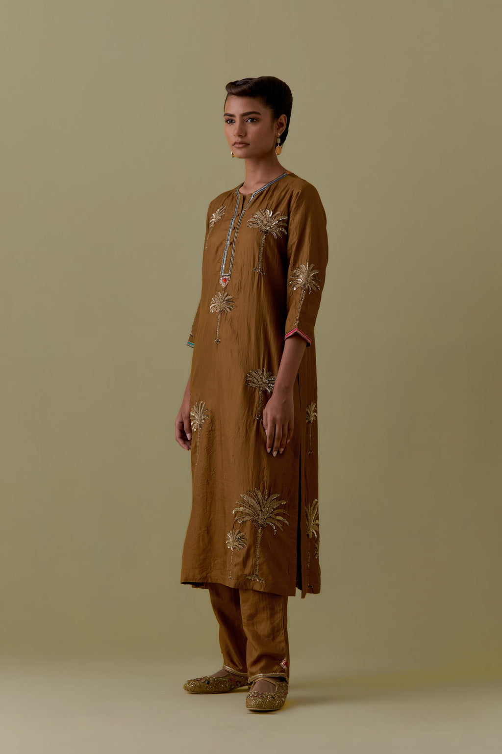 Olive silk straight Kurta set with Hand-Worked Palm Motifs.
