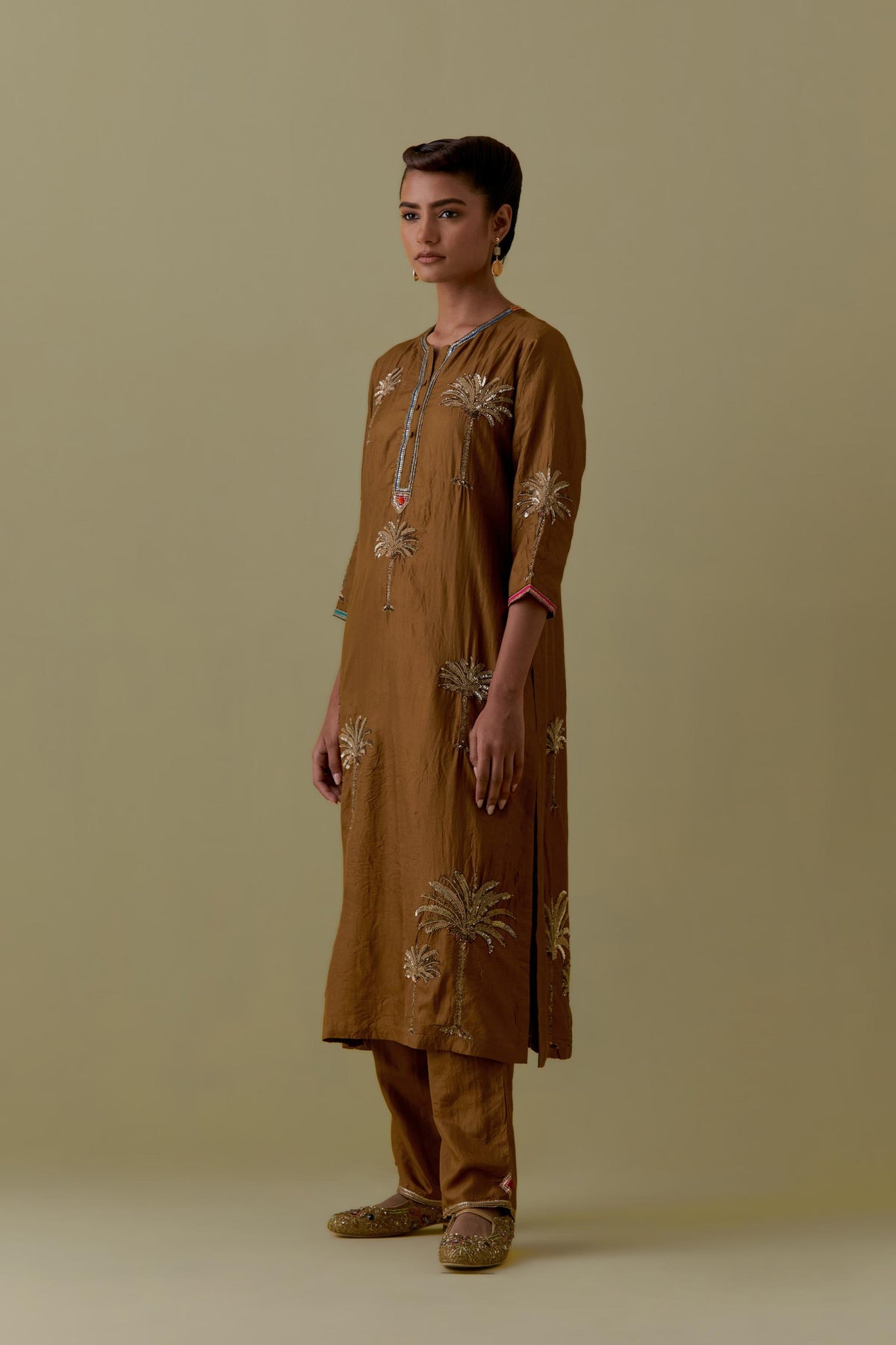 Olive silk straight Kurta set with Hand-Worked Palm Motifs.