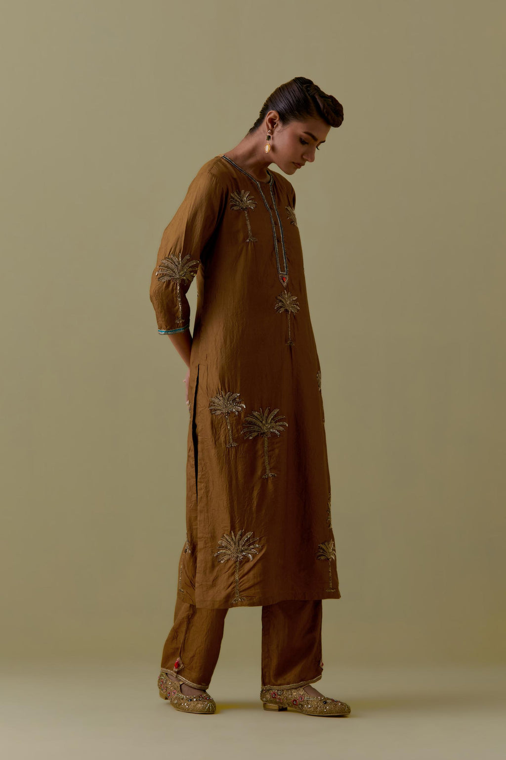 Olive silk straight Kurta set with Hand-Worked Palm Motifs.