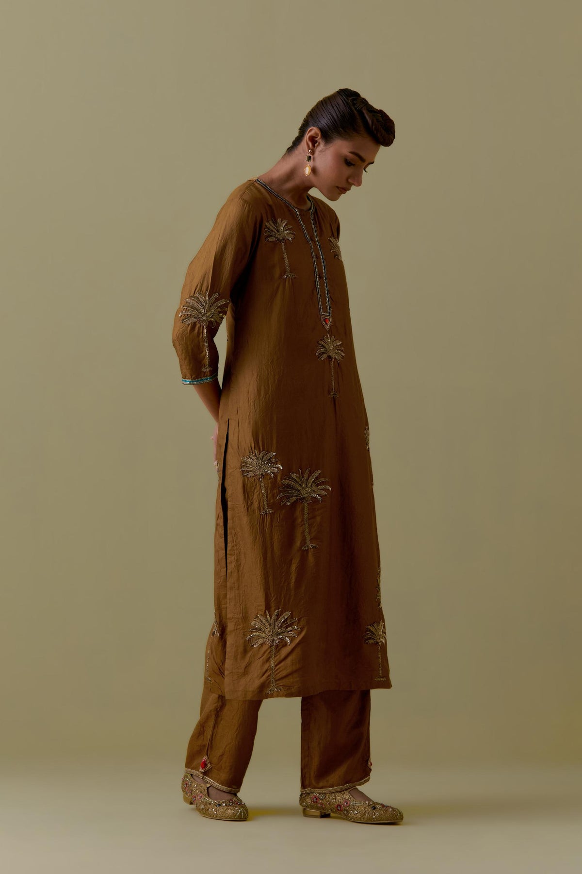 Olive silk straight Kurta set with Hand-Worked Palm Motifs.