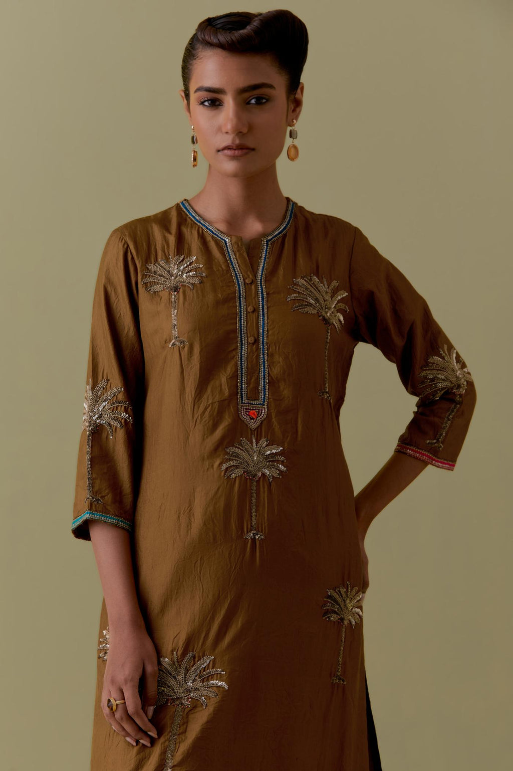 Olive silk straight Kurta set with Hand-Worked Palm Motifs.
