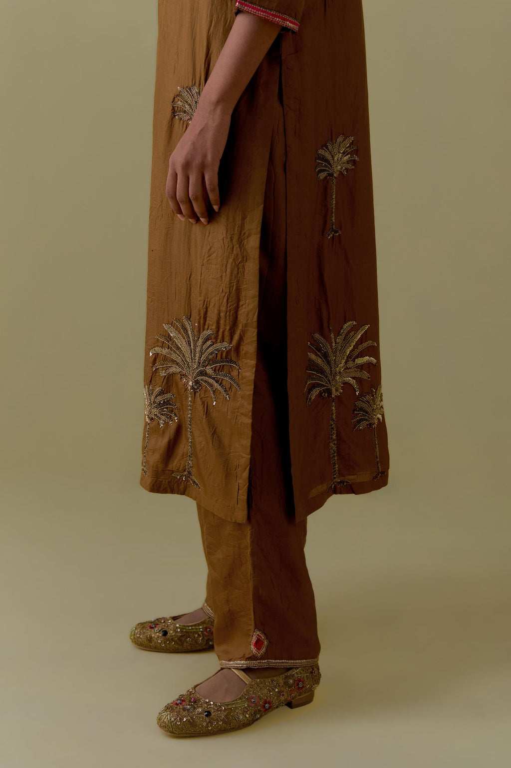 Olive silk straight Kurta set with Hand-Worked Palm Motifs.