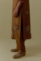 Olive silk straight Kurta set with Hand-Worked Palm Motifs.