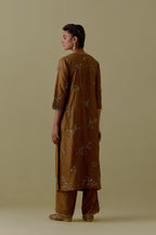 Olive Silk Striaght Kurta set with Hand-Worked Floral Motifs.