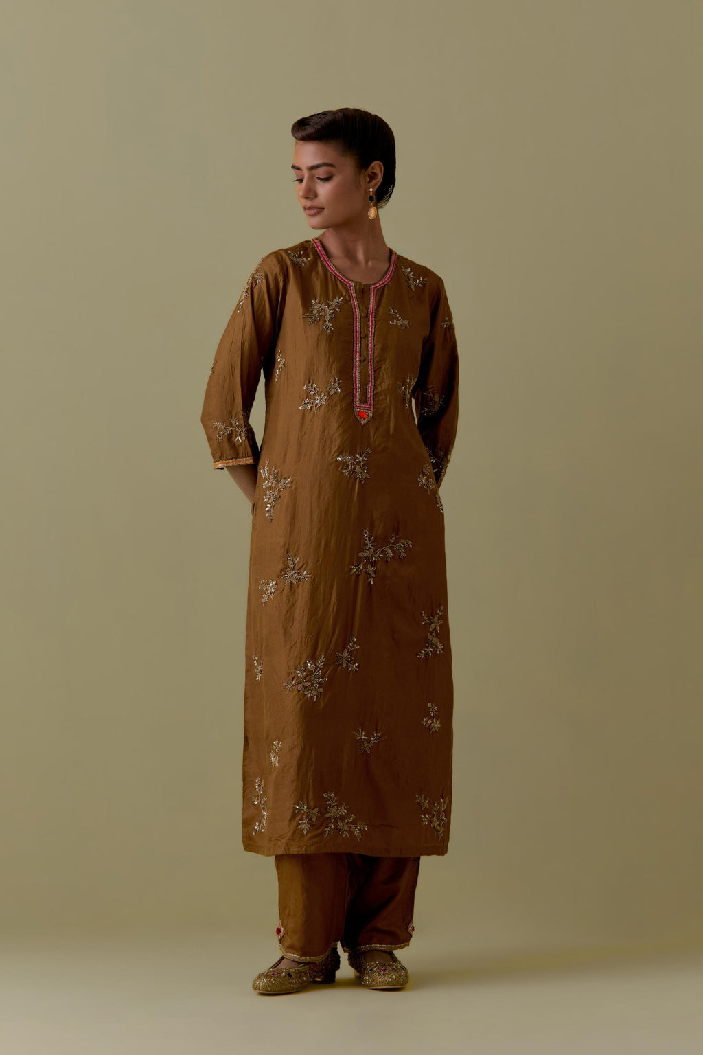 Olive Silk Striaght Kurta set with Hand-Worked Floral Motifs.