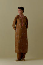 Olive Silk Striaght Kurta set with Hand-Worked Floral Motifs.