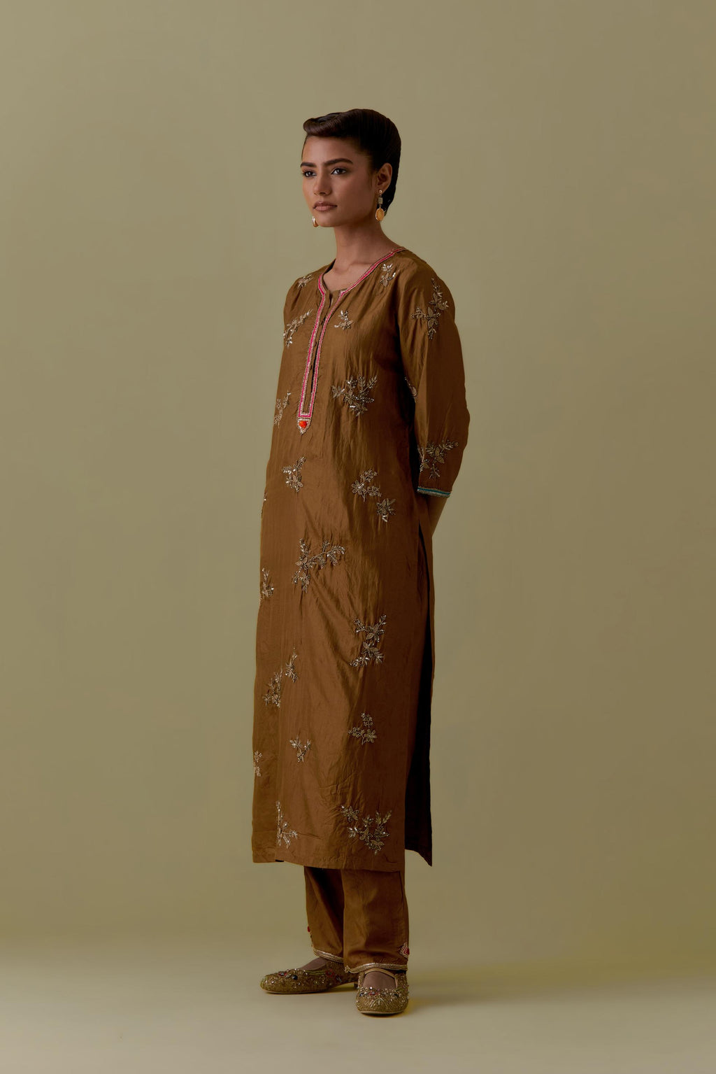 Olive Silk Striaght Kurta set with Hand-Worked Floral Motifs.