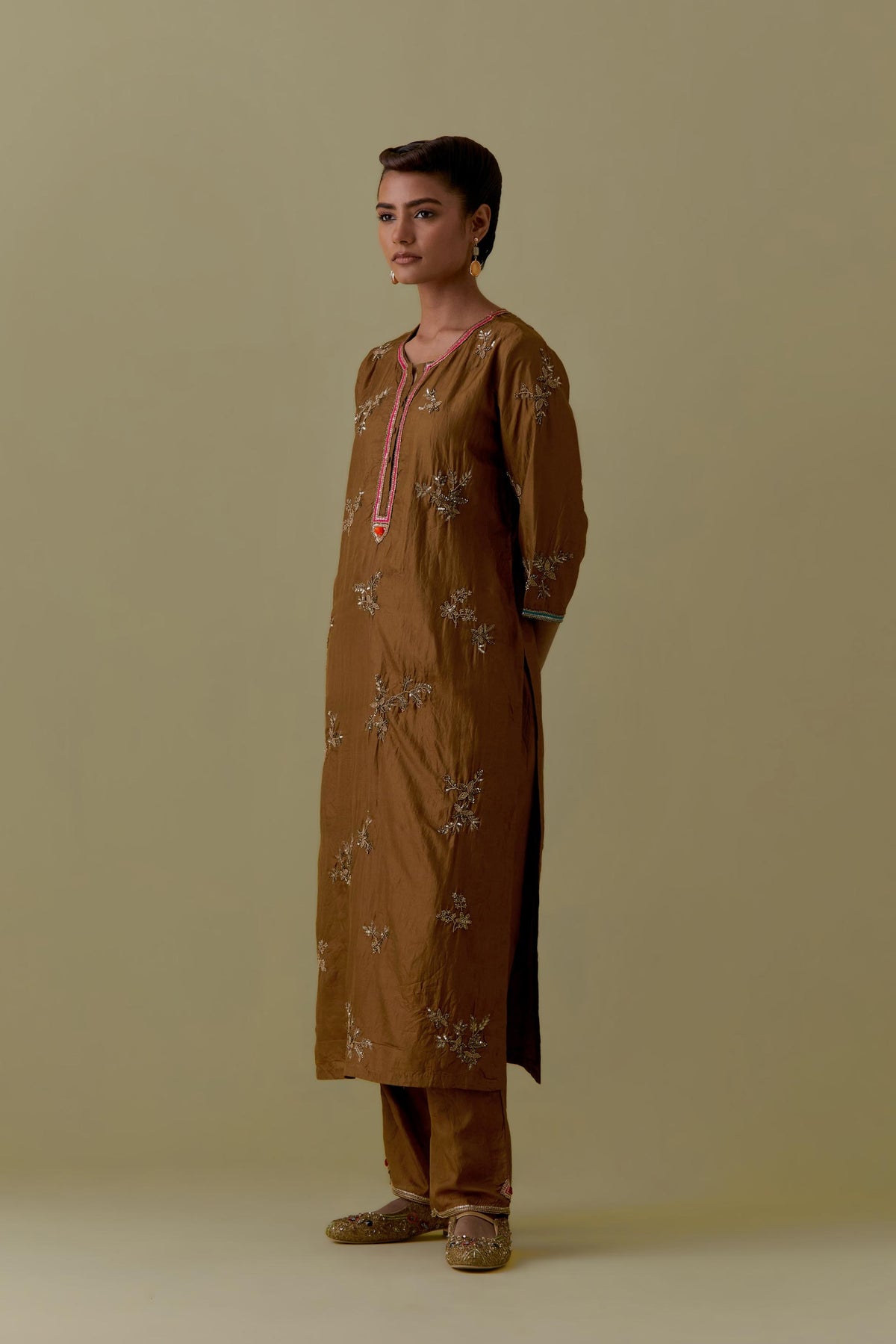 Olive Silk Striaght Kurta set with Hand-Worked Floral Motifs.