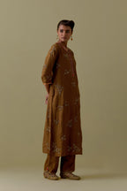 Olive Silk Striaght Kurta set with Hand-Worked Floral Motifs.