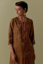 Olive Silk Striaght Kurta set with Hand-Worked Floral Motifs.