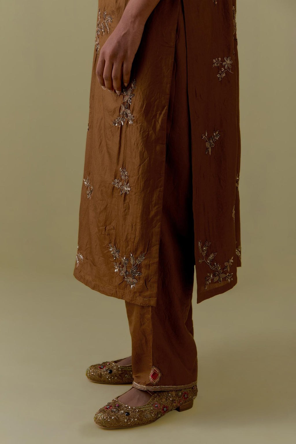 Olive Silk Striaght Kurta set with Hand-Worked Floral Motifs.