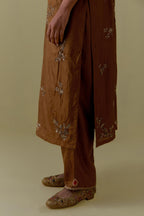 Olive Silk Striaght Kurta set with Hand-Worked Floral Motifs.