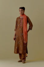 Olive Silk Striaght Kurta set with Hand-Worked Floral Motifs.