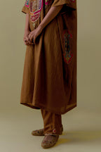 Olive Kaftan with Multicoloured Appliqué & Handwork. Paired with olive Silk Hand-Block Printed Straight Pants with hand work at hem.