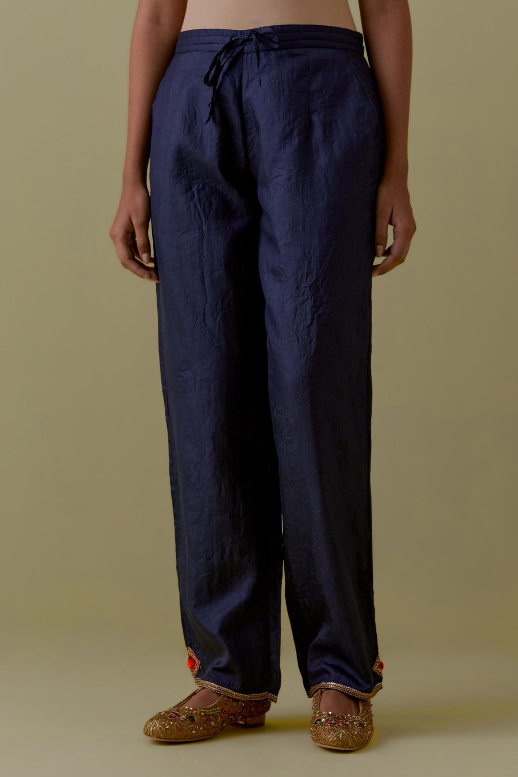 Indigo Silk Hand-Block Printed Straight Pants with hand work at hem.