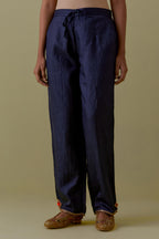 Indigo Silk Hand-Block Printed Straight Pants with hand work at hem.