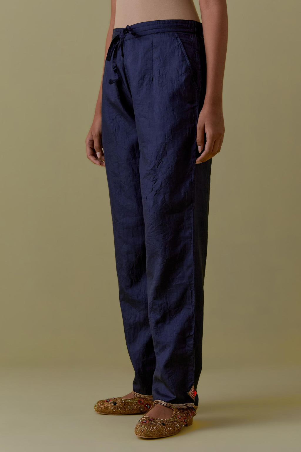 Indigo Silk Hand-Block Printed Straight Pants with hand work at hem.