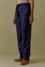 Indigo Silk Hand-Block Printed Straight Pants with hand work at hem.