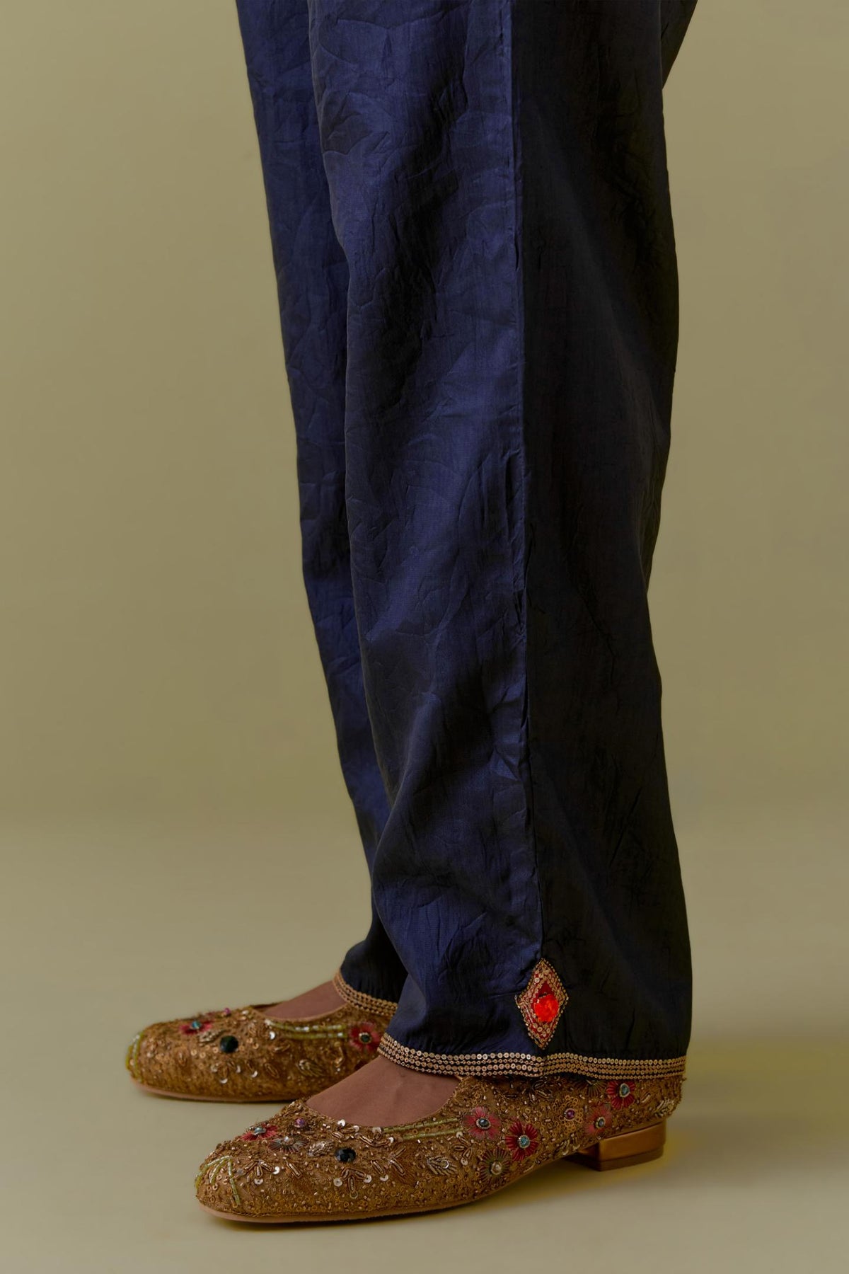 Indigo Silk Hand-Block Printed Straight Pants with hand work at hem.