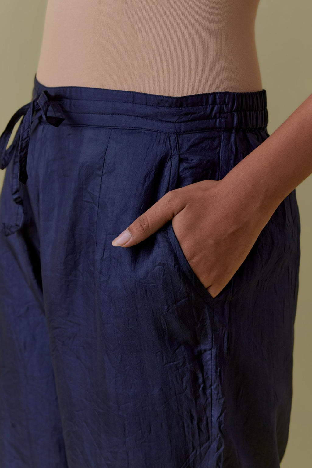 Indigo Silk Hand-Block Printed Straight Pants with hand work at hem.