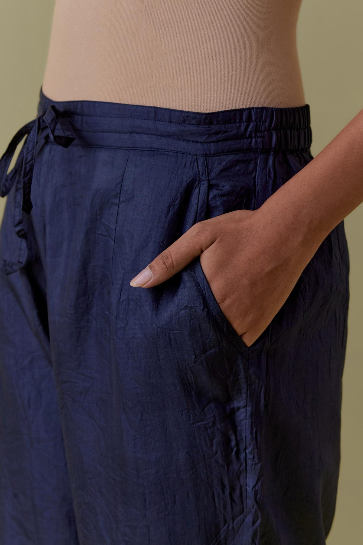 Indigo Silk Hand-Block Printed Straight Pants with hand work at hem.