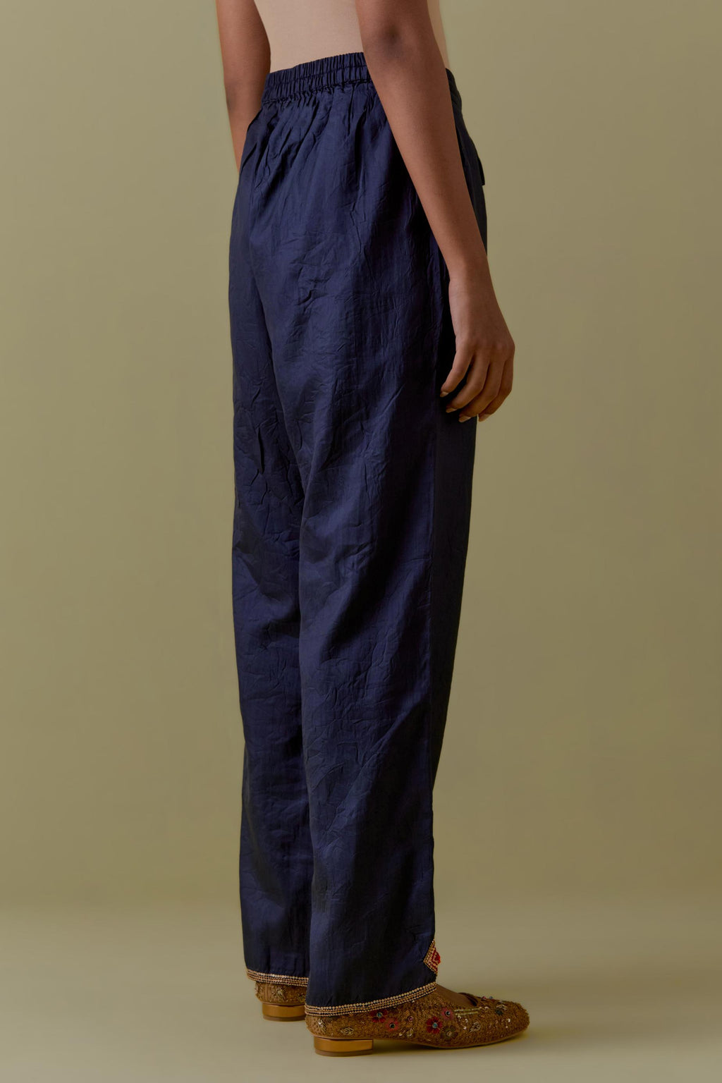 Indigo Silk Hand-Block Printed Straight Pants with hand work at hem.