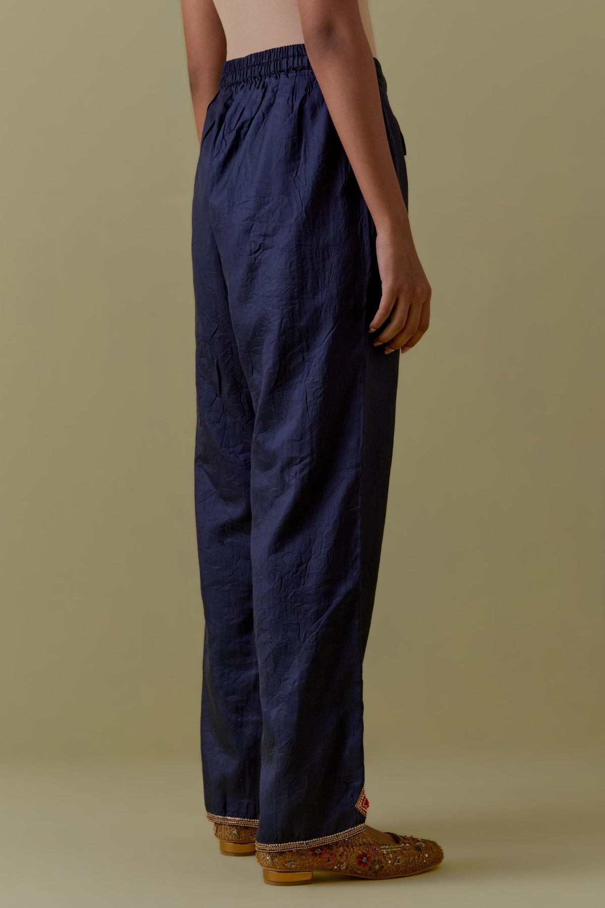 Indigo Silk Hand-Block Printed Straight Pants with hand work at hem.