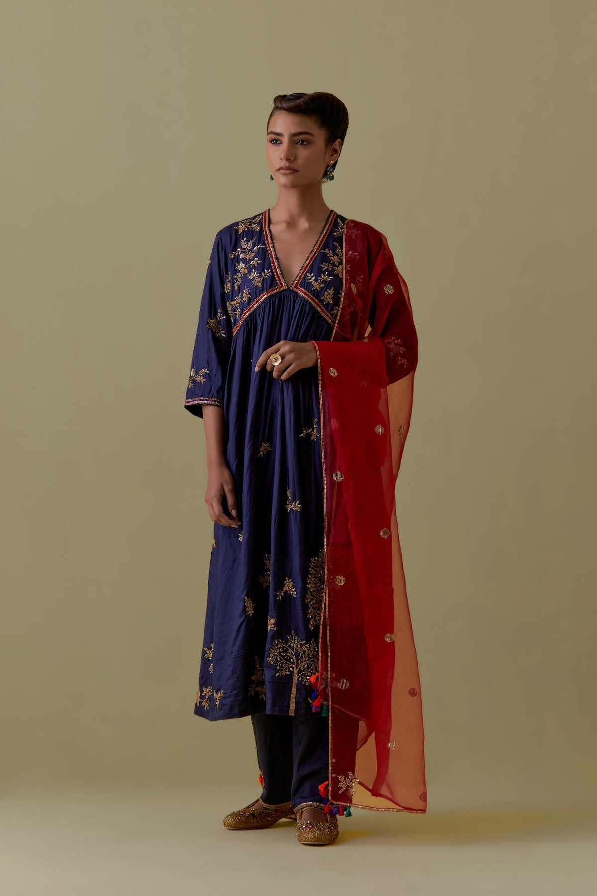 Red Silk Organza Dupatta with Gold bead and sequins Handwork