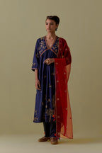 Indigo silk Kurta set with hand worked Floral & Tree Motifs.