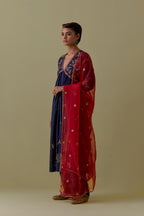 Red Silk Organza Dupatta with Gold bead and sequins Handwork