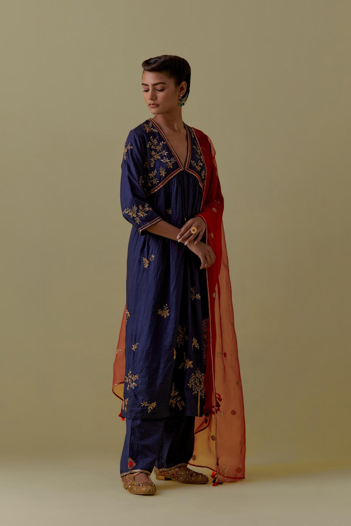 Indigo silk Kurta set with hand worked Floral & Tree Motifs.