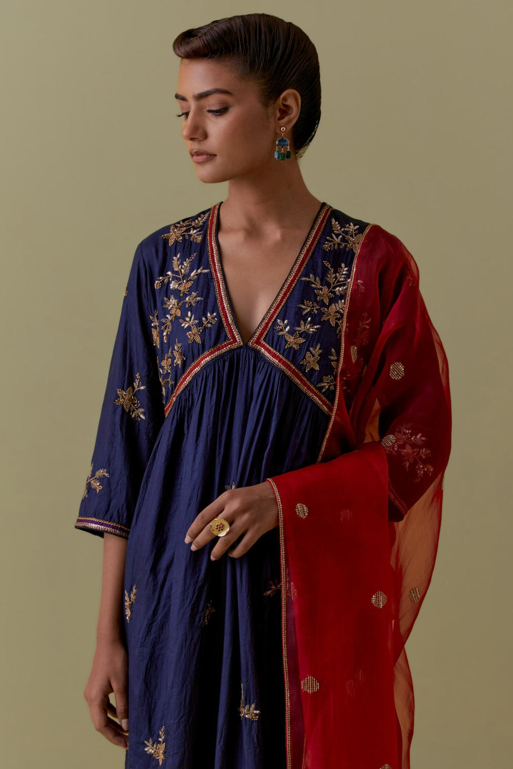 Red Silk Organza Dupatta with Gold bead and sequins Handwork
