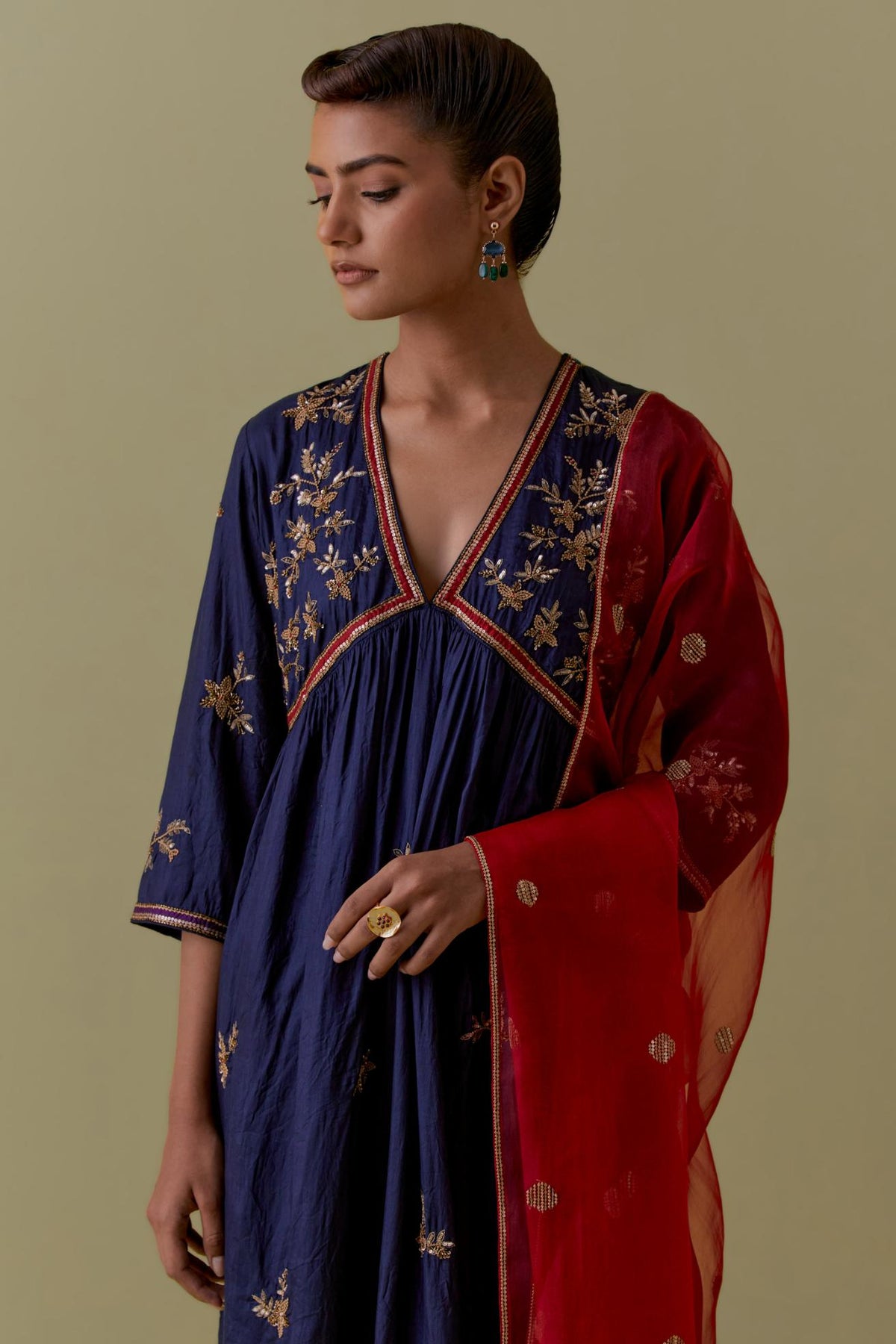 Indigo silk Kurta set with hand worked Floral & Tree Motifs.