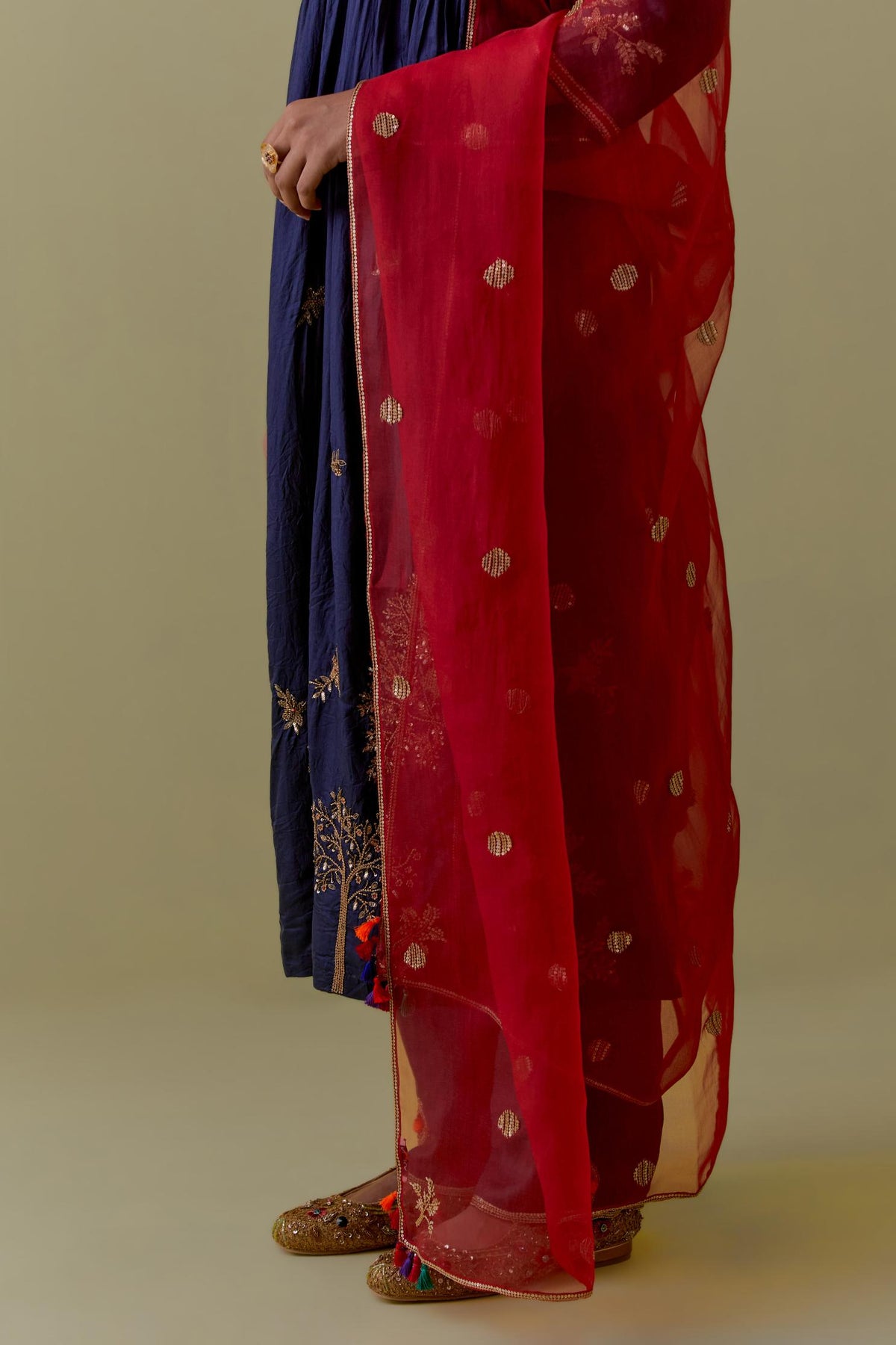 Indigo silk Kurta set with hand worked Floral & Tree Motifs.
