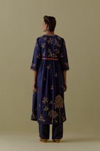 Indigo silk Kurta set with hand worked Floral & Tree Motifs.