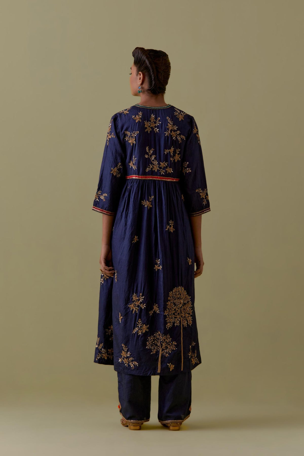 Indigo silk Kurta set with hand worked Floral & Tree Motifs.