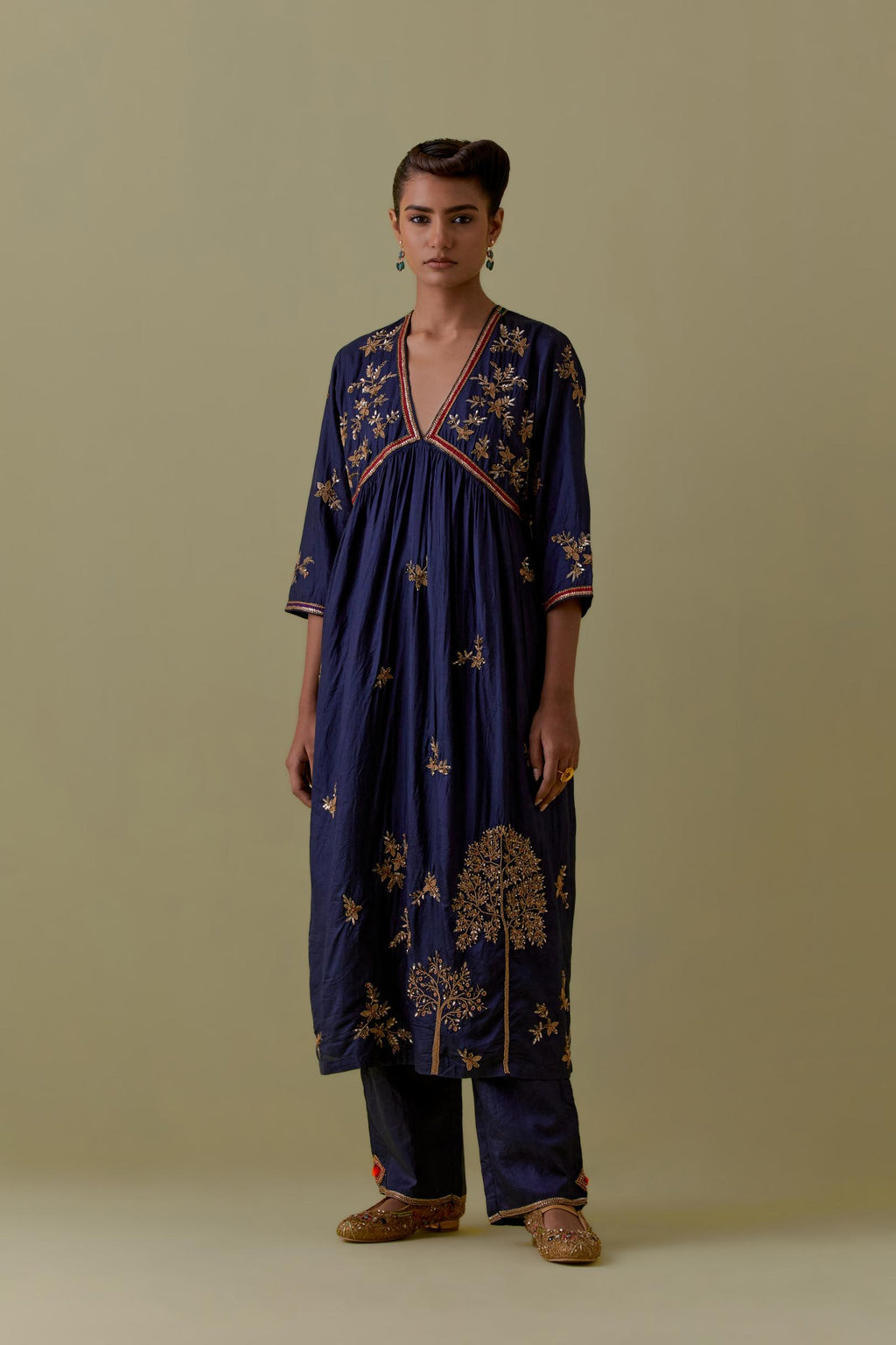 Indigo silk Kurta set with hand worked Floral & Tree Motifs.