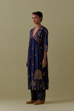Indigo silk Kurta set with hand worked Floral & Tree Motifs.