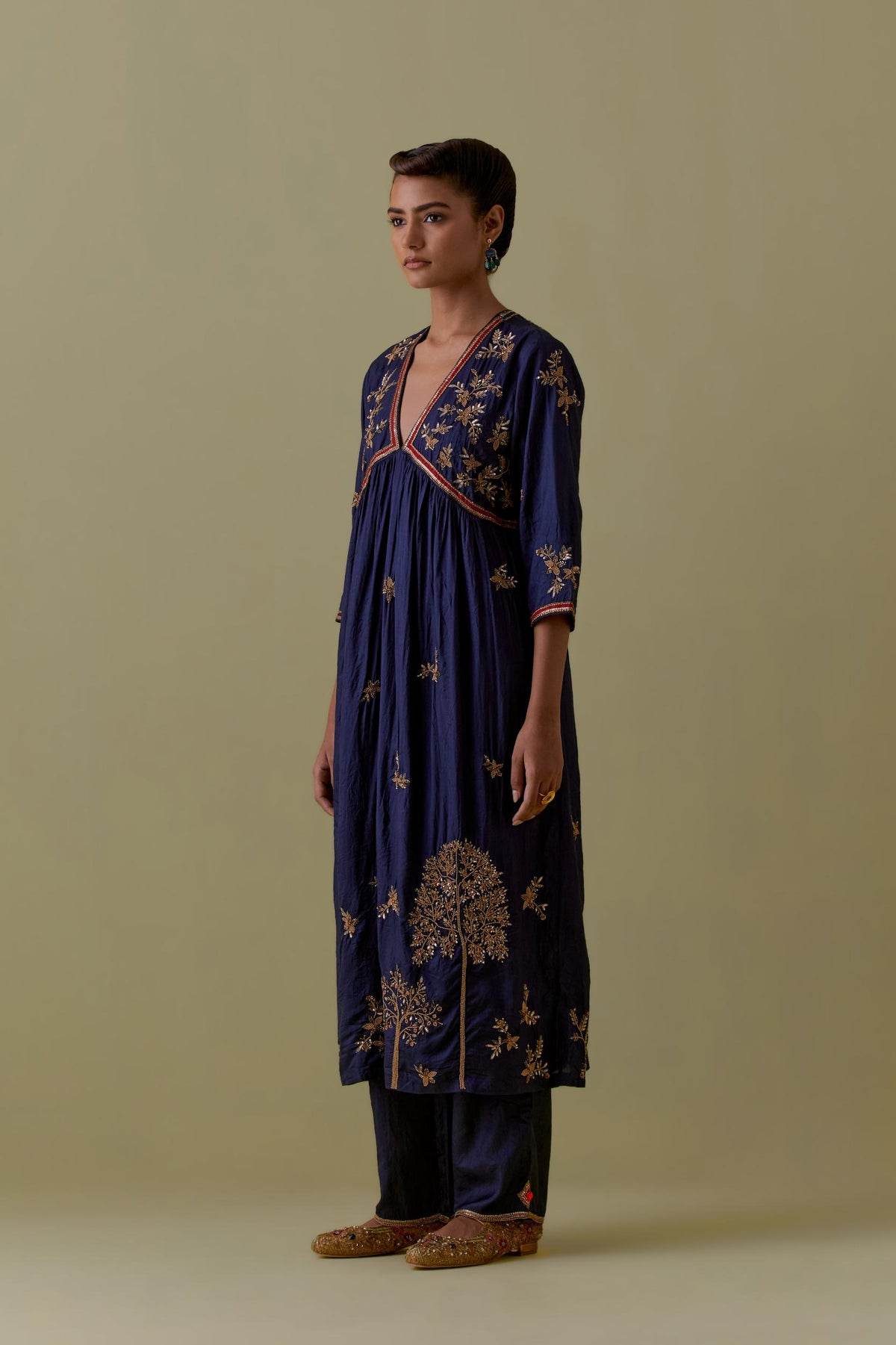 Indigo silk Kurta set with hand worked Floral & Tree Motifs.